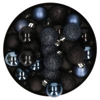 Kleine kerstballen - 28x st - zwart en donkerblauw - D3 cm - kunststof - kerstversiering