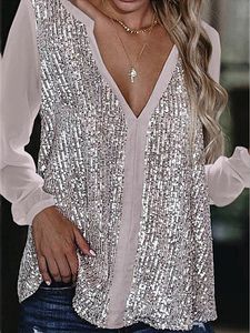 V-neck Sequin Stitching Loose Casual Long-sleeved Blouse
