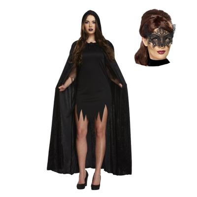 Carnaval gemaskerd bal verkleed set - Oogmasker zwart - Lange cape met capuchon zwart - dames