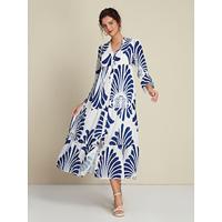 Dames Losse jurk Resortkleding Maxi-jurk Marineblauw 3/4 mouw Folk Opdrukken Lente zomer V-Wire Vakantie Casual XS S M