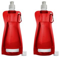 Waterfles/drinkfles opvouwbaar - 2x - rood - kunststof - 420 ml - schroefdop - karabijnhaak