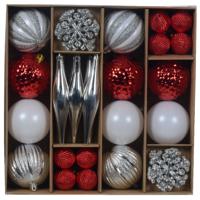 Kerstballen en ornamenten set - 46-delig - rood/wit/zilver - kunststof - kerstversiering