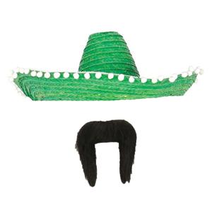 Carnaval verkleed set - Mexicaanse sombrero hoed met plaksnor - groen - heren