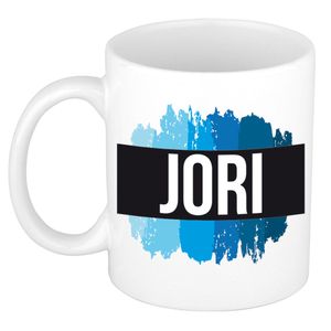 Naam cadeau mok / beker Jori met blauwe verfstrepen 300 ml