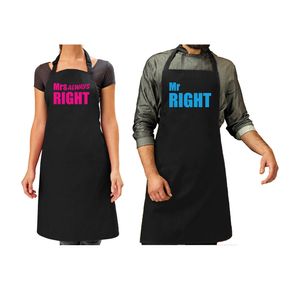 Mr Right en Mrs Always Right cadeau schorten set zwart en blauw/roze volwassenen - cadeau bruiloft - Feestschorten