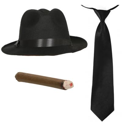 Smiffys Gangster/Maffia verkleed set - hoed zwart - met zwarte stropdas - en vette sigaar - carnaval
