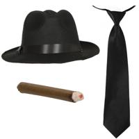 Smiffys Gangster/Maffia verkleed set - hoed zwart - met zwarte stropdas - en vette sigaar - carnaval
