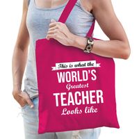 Worlds greatest TEACHER kado tasje voor verjaardag juf roze voor dames - Feest Boodschappentassen - thumbnail