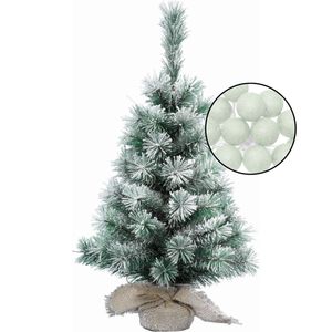 Kleine kunst kerstboom met sneeuw -incl. lichtslinger bollen lichtgroen - H60 cm