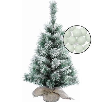 Kleine kunst kerstboom met sneeuw -incl. lichtslinger bollen lichtgroen - H60 cm