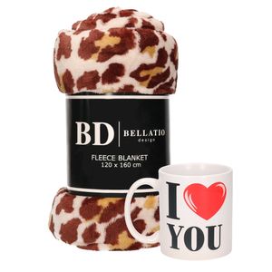 Valentijn cadeau set - Fleece plaid/deken panter print met I love you mok