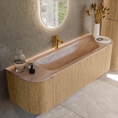Badmeubel Mondiaz Kurve-Dlux | 150 cm | Meubelkleur Oak | Wastafelkleur Saba | Solid surface | Wasbak midden spoelbak | 1 kraangat