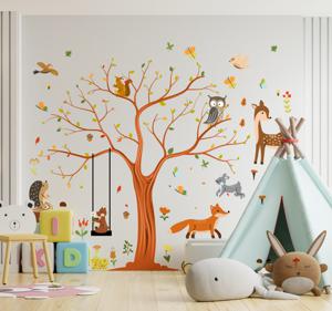 Herfst boom met dieren Muursticker kinderkamer