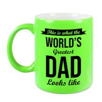 Worlds Greatest Dad cadeau koffiemok / theebeker neon groen 330 ml - thumbnail