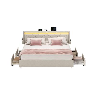 Gestoffeerd tweepersoonsbed met lades en verstelbaar hoofdbord, cappuccinobeige / 160 x 200 cm