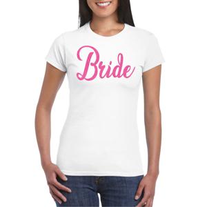 Bellatio Decorations Vrijgezellenfeest T-shirt voor dames - bride - wit - roze glitter - bruiloft 2XL  -