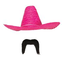 Carnaval verkleed set - Mexicaanse sombrero hoed met plaksnor - roze - heren