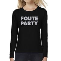 Foute Party zilver glitter t-shirt long sleeve zwart voor dames - thumbnail