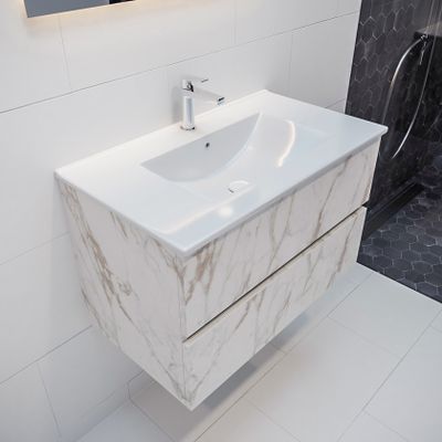 Mondiaz Vica Denia badmeubel wit carrara mat 80 cm 2 lades keramiek enkele spoelbak midden 1 kraangat
