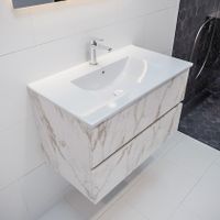 Mondiaz Vica Denia badmeubel wit carrara mat 80 cm 2 lades keramiek enkele spoelbak midden 1 kraangat