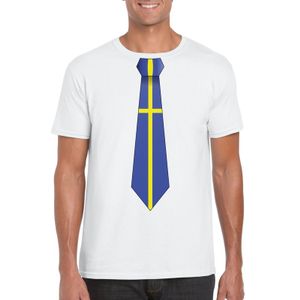 Wit t-shirt met Zweden vlag stropdas heren