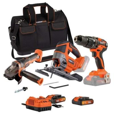 3-gereedschapspakket - DUAL POWER - 20 V - Haakse slijper + boormachine/schroevendraaier + decoupeerzaag - 2 accu's en oplader - Tas