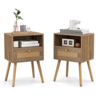 Nachtkastje Rotan Set van 2 met Lade en Open Vak Bijzettafel met Massief Houten Poten Nachtkastje in Boho-Stijl 40 x 30 x 60,5 cm
