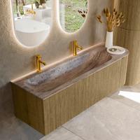 Badmeubel Mondiaz Kurve-Dlux | 145 cm | Meubelkleur Dusk | Wastafelkleur Oza | Solid surface | Wasbak linker zijde spoelbak | 2 kraangaten