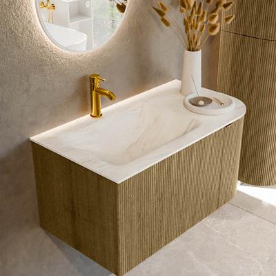 Badmeubel Mondiaz Kurve-Dlux | 85 cm cm | Meubelkleur Dusk | Wastafelkleur Ostra | Solid surface | Wasbak links zijde spoelbak | 1 kraangat