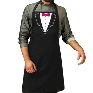 Ober grappig cadeau schort met roze strik - heren zwart