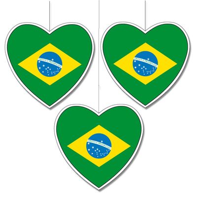 3x stuks brazilie vlag hangdecoratie hartjes vorm karton 14 cm