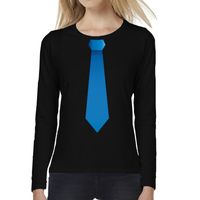 Zwart long sleeve t-shirt zwart met blauwe stropdas bedrukking dames 2XL  - - thumbnail
