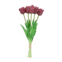 Kunst tulpen boeket - 5x stuks - aubergine paars - real touch - 39 cm