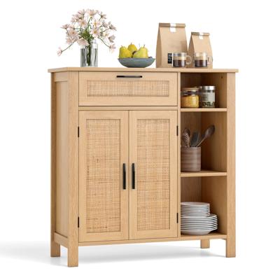 Houten Dressoir met Rotan Gevlochten Deuren en Lades Buffetkast Keukenkast Keukenbuffet