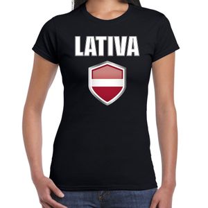 Letland landen supporter t-shirt met Letse vlag schild zwart dames