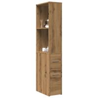 Badkamerkast smal met wielen bewerkt hout artisanaal eikenkleur Badkamerkast smal met wielen bewerkt hout artisanaal eikenkleur