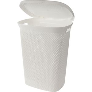 Wasmand met deksel rotan gevlochten - wit - kunststof - 60 liter - 60 x 46 x 37 cm