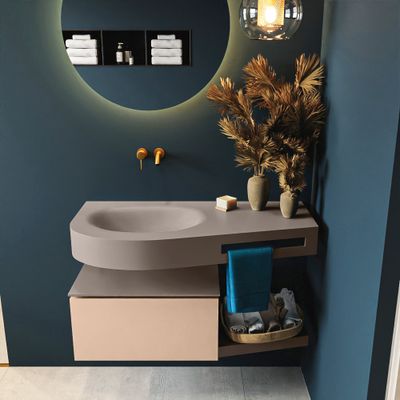 MONDIAZ RIVA 100cm badmeubel onderkast / planchet kleur Rosee met 1 lade. Wastafel DULCET links 0 kraangaten kleur Smoke. MONDIAZ RIVA 100cm badmeubel onderkast / planchet kleur Rosee met 1 lade. Wastafel DULCET links 0 kraangaten kleur Smoke.