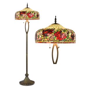 LumiLamp Tiffany Vloerlamp Ø 48x165 cm Beige Rood Glas Kunststof Rond Bloemen Staande Lamp Beige Staande Lamp