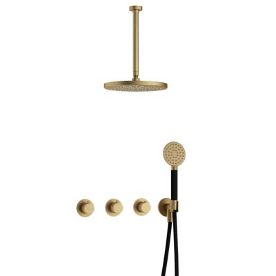 Hotbath Cobber - CB7067 - Inbouw Regendoucheset - Geborsteld Messing - 2 Stopkranen - Thermostatisch - Plafondbuis 30 cm - Hoofddouche 300 mm - Ronde Handdouche 3 Standen - met M106 - Waterbesparend - V01
