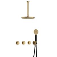 Hotbath Cobber - CB7067 - Inbouw Regendoucheset - Geborsteld Messing - 2 Stopkranen - Thermostatisch - Plafondbuis 30 cm - Hoofddouche 300 mm - Ronde Handdouche 3 Standen - met M106 - Waterbesparend - V01