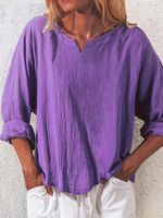 Solid Casual Long Sleeve V Neck Blouse - thumbnail