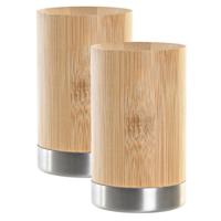 Badkamer tandenborstelhouder / drinkbeker - 2x - hout/zilver - 7 x 11 cm