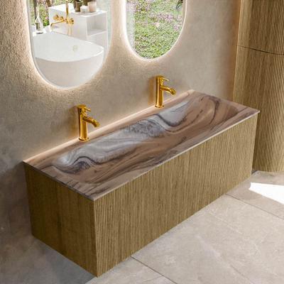 Badmeubel Mondiaz Kurve-Dlux | 120 cm | Meubelkleur Dusk | Wastafelkleur Sombra | Solid surface | Wasbak midden spoelbak | 2 kraangaten