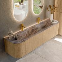 Badmeubel Mondiaz Kurve-Dlux | 180 cm | Meubelkleur Oak | Wastafelkleur Sombra | Solid surface | Wasbak beide zijden spoelbak | 2 kraangaten