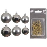 Groot pakket glazen kerstballen 50x zilver glans/mat 4-6-8 cm incl haakjes - thumbnail