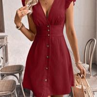 Frenchy Apricot V-Neck Flounce Sleeve Old Money Style Dress Red / L