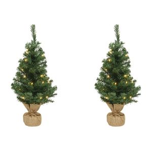 2x Volle mini kerstbomen groen in jute zak met verlichting 90 cm