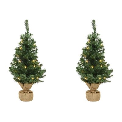 2x Volle mini kerstbomen groen in jute zak met verlichting 90 cm 2x Volle mini kerstbomen groen in jute zak met verlichting 90 cm