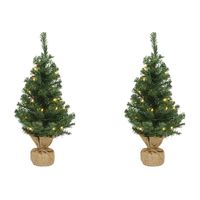 2x Volle mini kerstbomen groen in jute zak met verlichting 90 cm - thumbnail